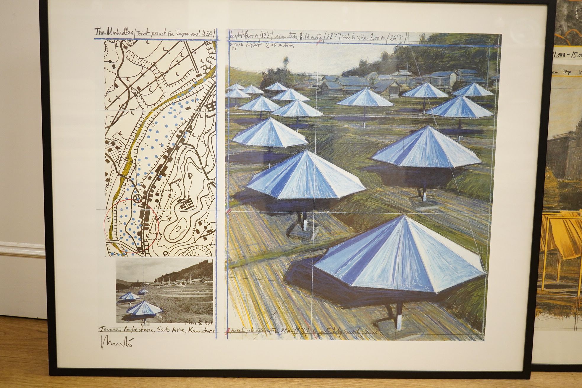 Christo and Jeanne-Claude, two contemporary colour prints, to include 'The Umbrellas, Japan', signed, 69 x 89cm. Condition - good